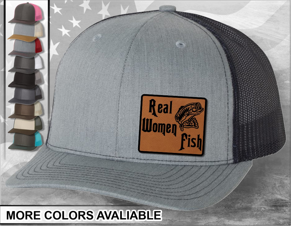 Real Women Fish Laser Engraved Leather Patch Trucker Hat – Elite Choice  Graphics