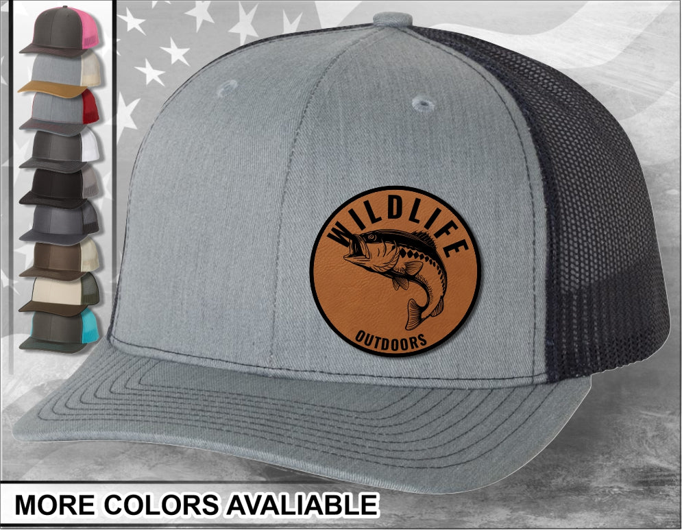 Wildlife Bass Laser Engraved Leather Patch Trucker Hat
