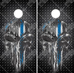 Blue Line Skull Diamond Plate Cornhole Wrap