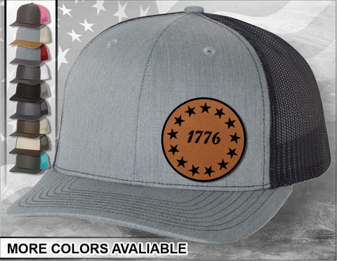 1776 With Stars Laser Engraved Leather Patch Trucker Hat