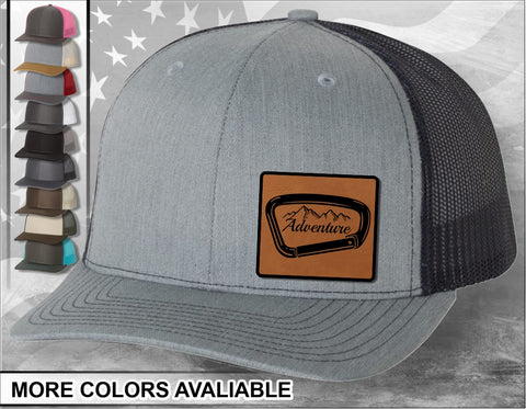 Adventure Mountain Laser Engraved Leather Patch Trucker Hat