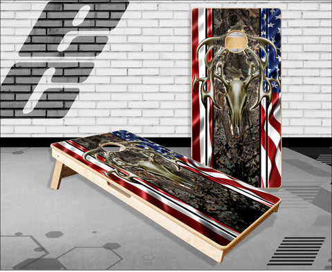 American Flag Deer Skull Camo Cornhole Boards