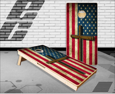 American Flag Grunge Wood Cross Cornhole Boards