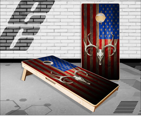 American Flag Wood Buck Skull Cornhole Boards