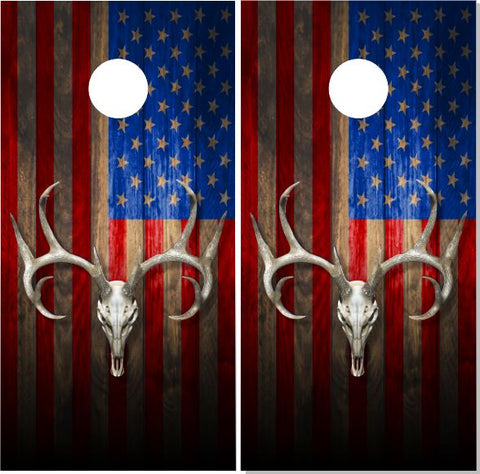 American Flag Wood Buck Skull UV Direct Print Cornhole Tops
