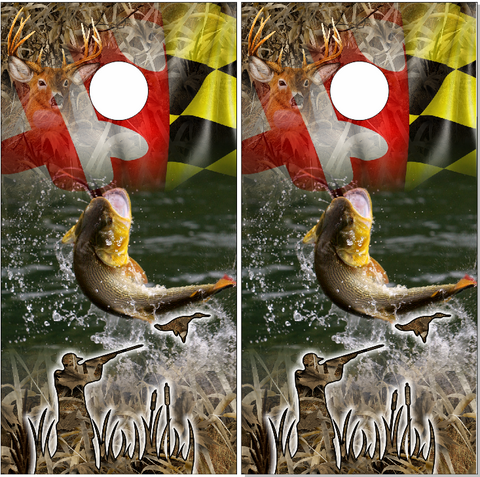Bass Buck Hunting Maryland Flag UV Direct Print Cornhole Tops