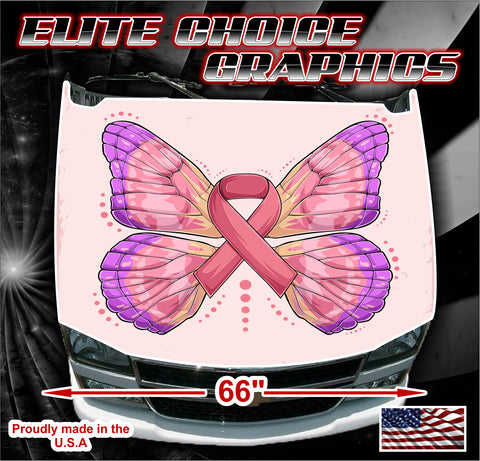 Breast Cancer Pink Ribbon Butterfly Vinyl Hood Wrap Bonnet Decal Sticker Graphic Universal Fit