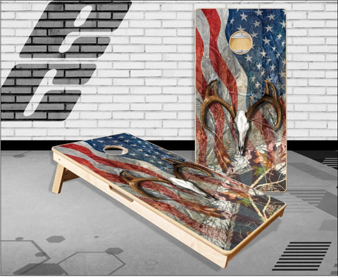 Buck Skull American Flag Camo Cornhole Boards