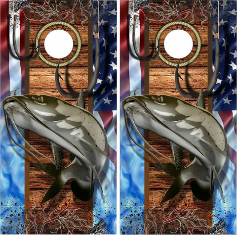 Catfish Hooks American Flag UV Direct Print Cornhole Tops