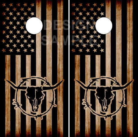 Cow Bull Skull Burnt Wood Flag UV Direct Print Cornhole Tops