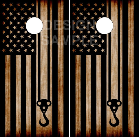 Crane Hook Burnt American Flag Cornhole Wrap