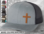 Cross Laser Engraved Leather Patch Trucker Hat