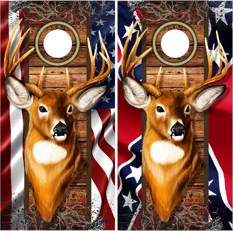 Deer Buck Head Dual Flag Cornhole Wrap