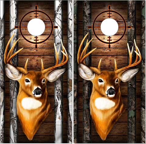 Deer Buck Head Dark Wood Camo UV Direct Print Cornhole Tops
