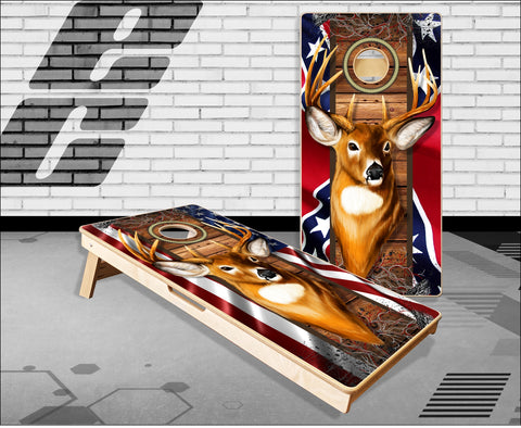 Deer Buck Head Dual Flag Cornhole Boards