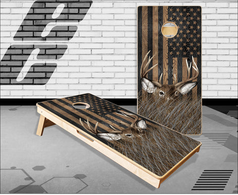 Deer Buck In Grass Black Flag Cornhole Boards