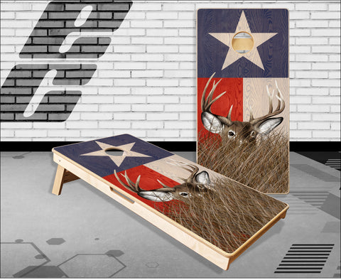 Deer Buck Texas Flag Grass Cornhole Boards