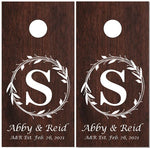 Family Name Wreath Dark Wood Cornhole Wrap