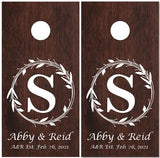 Family Name Wreath Dark Wood Cornhole Wrap