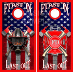 Firefighter First In Flag Cornhole Wrap