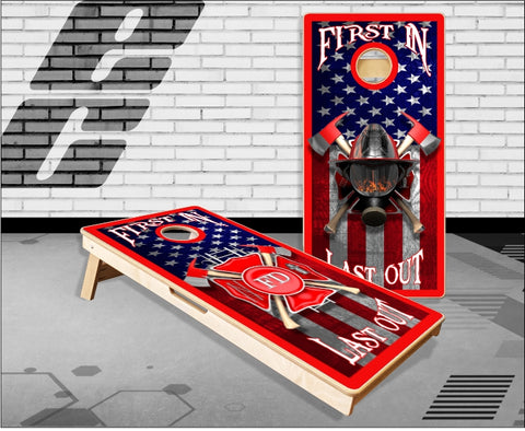 Firefighter First In Flag Cornhole Boards