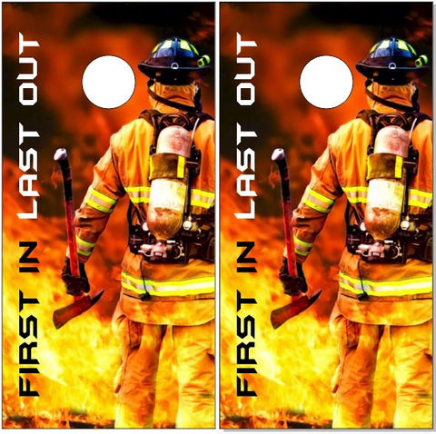 Firefighter First In Flames UV Direct Print Cornhole Tops