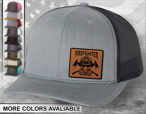 Firefighter Skull Laser Engraved Leather Patch Trucker Hat