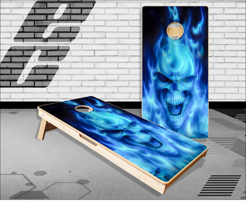 Flaming Blue Skull 1 Cornhole Boards