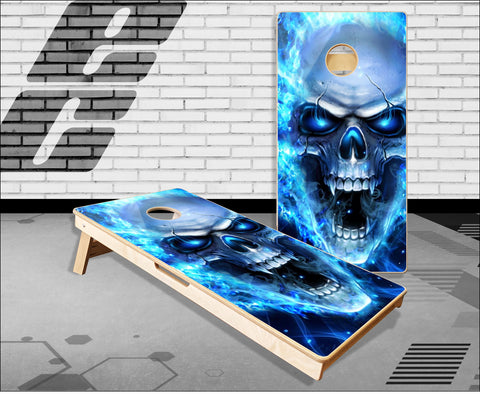 Flaming Blue Skull 2 Cornhole Boards