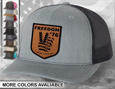 Freedom '76 American Peace Flag Leather Laser Engraved Leather Patch Trucker Hat