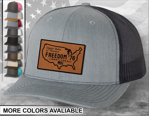Freedom '76 American USA Leather Laser Engraved Leather Patch Trucker Hat