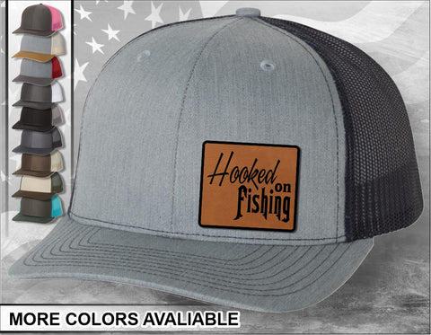 Hooked On Fishing Laser Engraved Leather Patch Trucker Hat