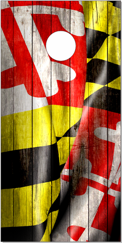 Maryland Flag Wavy Weathered Wood UV Direct Print Cornhole Tops