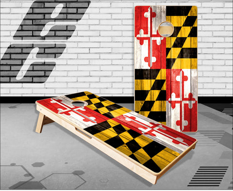 Maryland Flag Weathered Wood Cornhole Boards