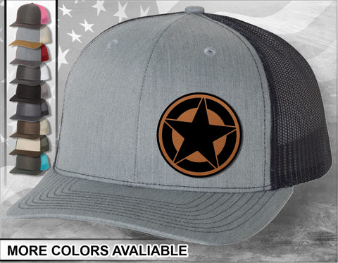 Military Star Laser Engraved Leather Patch Trucker Hat