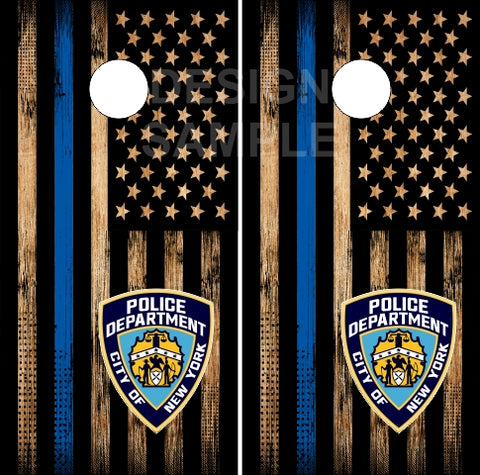 NYPD Blue Line Wood Cornhole Wrap