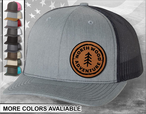 North Wood Adventure Laser Engraved Leather Patch Trucker Hat
