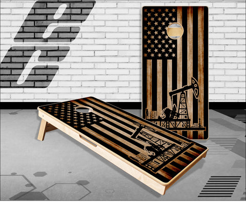 Oil Rig American Flag Wood Burnt Cornhole Boards