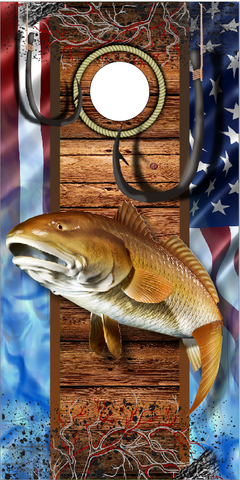 Red Fish Hooks American Flag UV Direct Print Cornhole Tops
