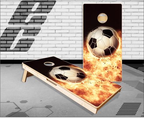Soccer Ball Flames Cornhole Boards