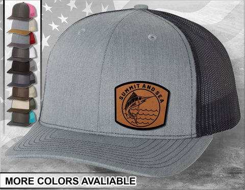 Summit and Sea Laser Engraved Leather Patch Trucker Hat
