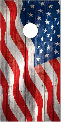 Wavy American Flag Weathered Wood UV Direct Print Cornhole Tops