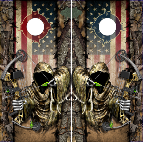 Wicked Wire Bow Reaper Hunt Camo Flag UV Direct Print Cornhole Tops