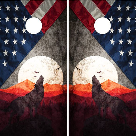 Wolf American Flag UV Direct Print Cornhole Tops