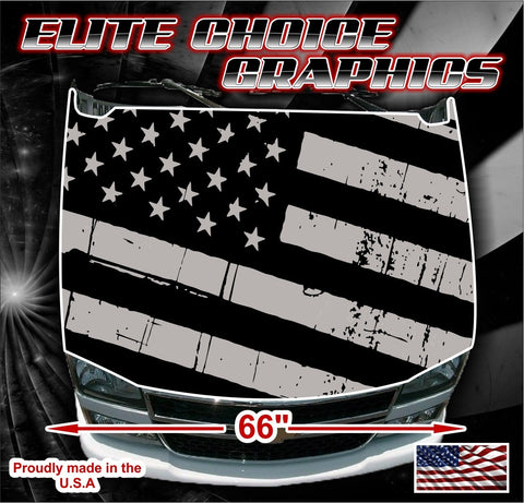 American Flag Distressed Black And Gray Vinyl Hood Wrap Bonnet Decal Sticker Graphic Universal Fit