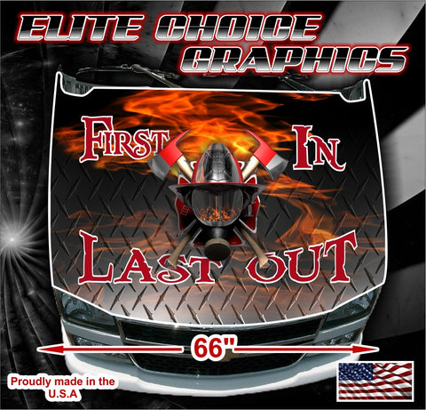 Firefighter First In Vinyl Hood Wrap Bonnet Decal Sticker Graphic Universal Fit