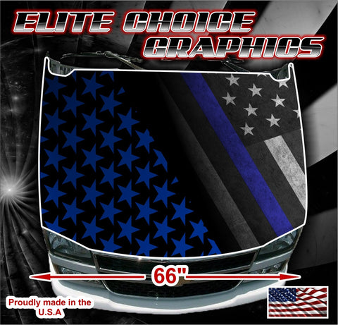 Police Thin Blue Line Flag Vinyl Hood Wrap Bonnet Decal Sticker Graphic Universal Fit
