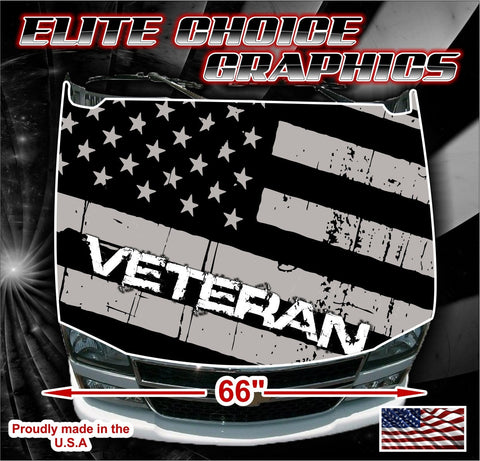 Veteran Distressed Flag Gray Vinyl Hood Wrap Bonnet Decal Sticker Graphic Universal Fit