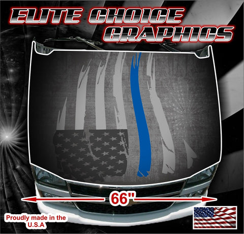 Tattered Blue Line Flag Hood Wrap Bonnet Decal Sticker Graphic Universal Fit