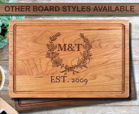 Letter Established Date Wreath Personalized Wood Cutting Board